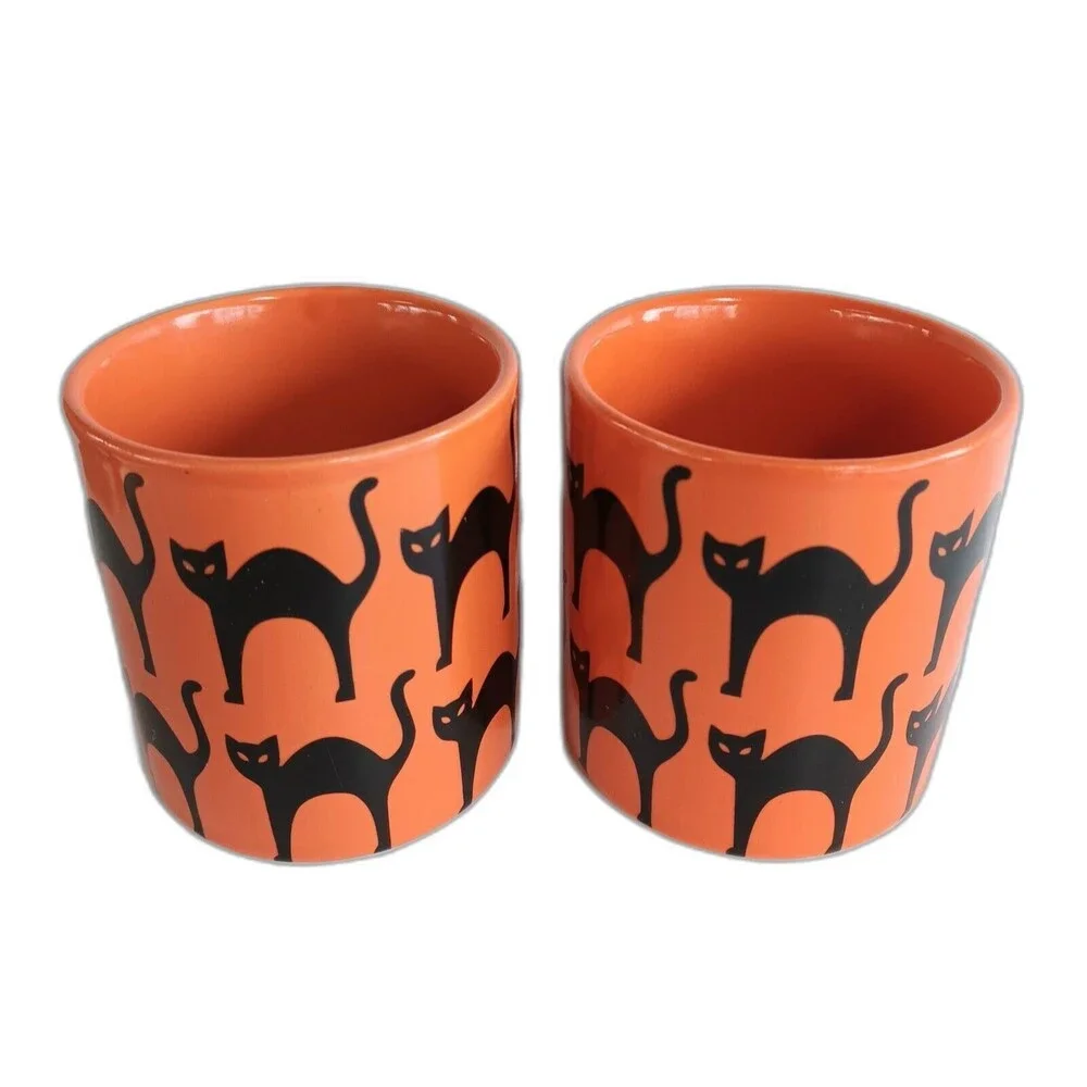 CRATE and BARREL Scaredy Cat Back Cat Small Coffee Mugs Orange Black Purple 7 oz